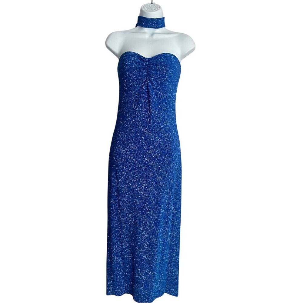 Jessica McClintock for Gunne Sax Blue Glitter Strapless Maxi Dress Choker  S